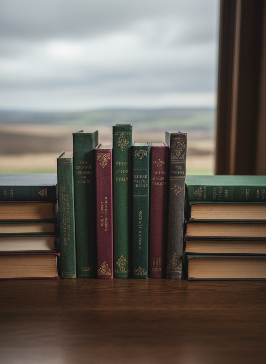 A carefully arranged stack of classic and contemporary hardback books from an independent publishing house, their cloth and matte covers in deep forest green, burgundy, and charcoal, displayed on a dark oak table. Beyond the stack, a large window hints at the rolling moors of Haworth, slightly out of focus. Soft, overcast Yorkshire daylight streams in, creating gentle highlights on the book spines and subtle shadows between pages. Photographic realism, shot at eye level with a shallow depth of field, centered composition, and a calm, sophisticated atmosphere that suggests thoughtful literary curation and quiet intellectual refinement.