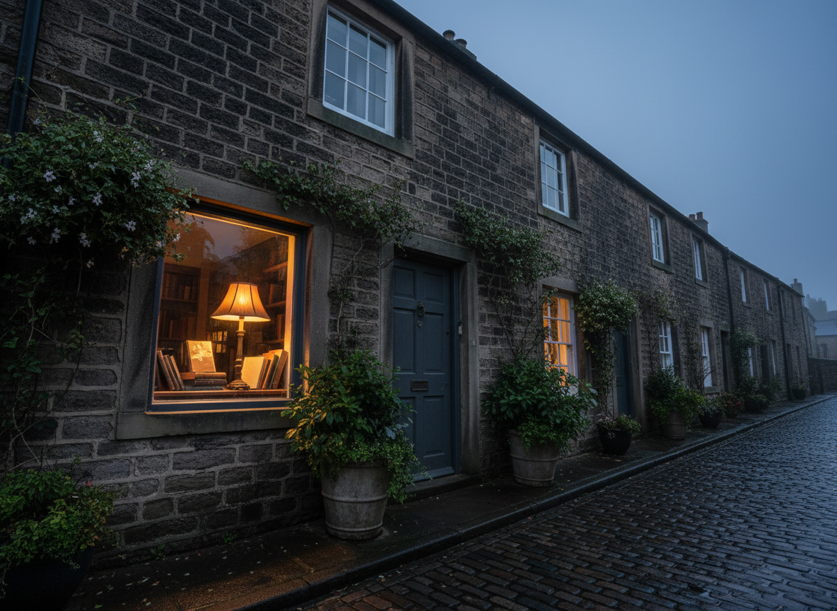 A moody, atmospheric exterior scene of a discreet independent publishing house in Haworth: a stone-built terrace building with a dark-painted wooden door, flanked by overflowing planters of greenery and subtle climbing ivy. In one lower window, a carefully composed display of books and a single antique-style lamp are visible, glowing warmly against the cool, overcast evening. The cobbled street glistens slightly as if after light rain, reflecting soft highlights. Photographic realism, captured at street level with a slight angle, using leading lines of the cobbles to draw the eye toward the doorway. The mood is quietly dramatic, sophisticated, and rooted in literary heritage.