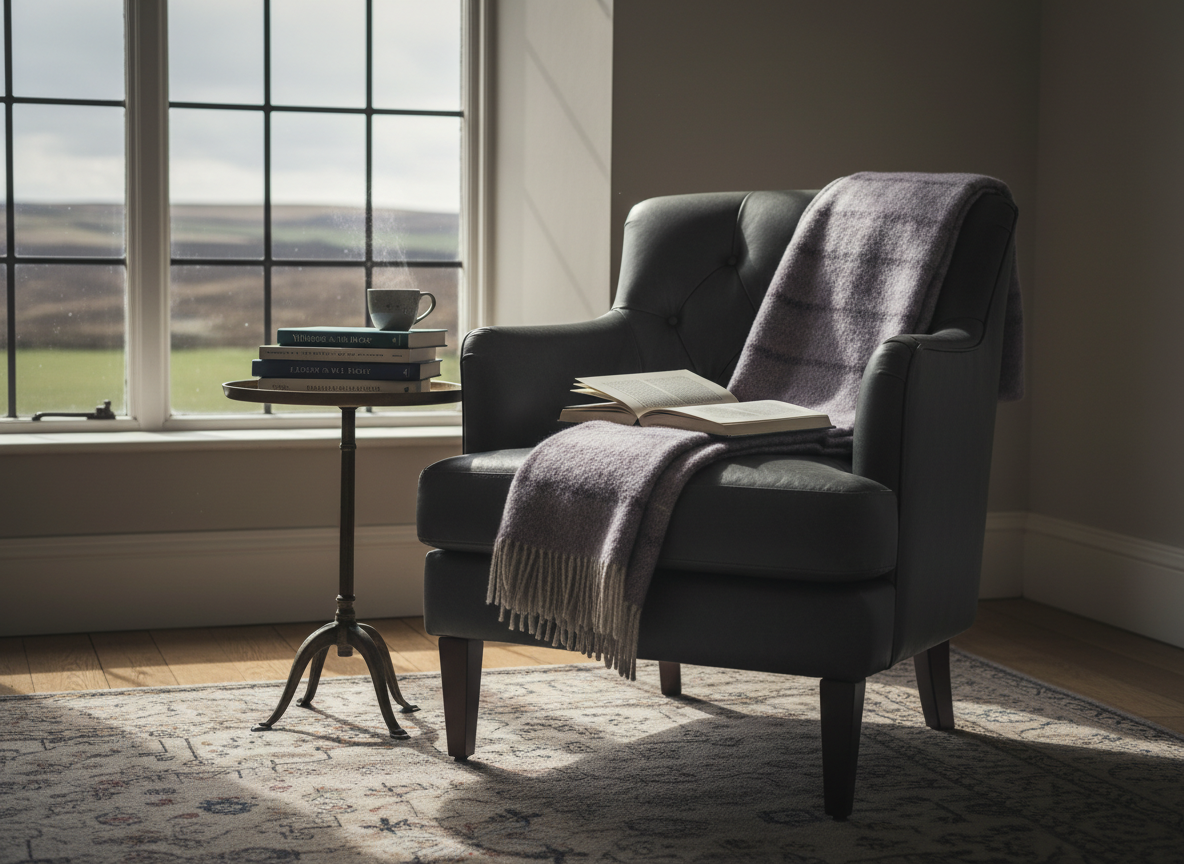 A refined reading nook inspired by Haworth’s literary history: a tufted dark charcoal armchair with a wool throw in muted heather tones, set beside a small round side table stacked with newly published titles from an independent press, their covers understated and typographically elegant. A tall window frames a distant view of moorland under a soft grey sky, intentionally blurred. Late afternoon natural light washes across the scene, creating gentle shadows and a subdued, contemplative mood. Photographic realism, wide-angle but focused on the books and chair, with an asymmetrical composition that feels sophisticated, quiet, and steeped in English literary tradition.