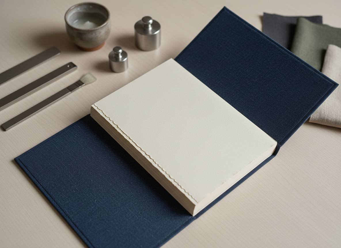 An intimate close-up of a book being bound in a small independent press workshop, without any hands visible: a hardback cover in rich, textured midnight blue cloth lies open on a clean, neutral work surface, with a precisely aligned block of creamy, deckle-edged pages set into its spine. Nearby rest minimalist metal tools, a small pot of bookbinding paste, and fabric offcuts in muted tones. Overhead studio lighting is soft and even, emphasizing fine textures and craftsmanship without harsh shadows. Photographic realism, shot from a slightly diagonal top-down angle with shallow depth of field, creating a focused, sophisticated portrayal of artisanal publishing craft.