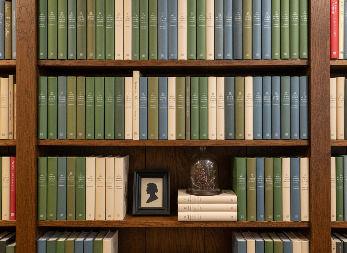 A close-up of a handcrafted independent book display in a small Haworth bookshop: neat rows of trade paperbacks and hardbacks, their spines in a restrained palette of moss green, slate blue, and warm cream, arranged on weathered wooden shelves. Subtle decorative elements reference the Brontë legacy, such as a small, unlabelled silhouette portrait and a pressed heather sprig under glass. Soft, diffused interior lighting from concealed track lights creates gentle highlights on the covers and a warm, inviting ambiance. Photographic realism, captured straight-on with sharp focus throughout, conveying the quiet authority and careful curation of a sophisticated independent publisher’s catalog.