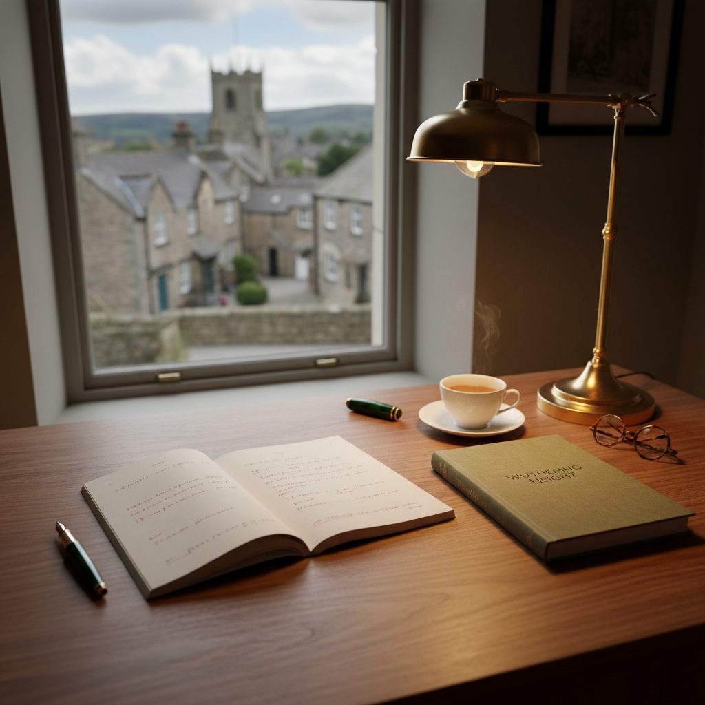 An elegant editorial desk scene for a small publishing house: a single open manuscript printed on crisp, cream paper, marked with neat, minimalist annotations, lies on a solid walnut desk. Beside it, a fountain pen with a dark green barrel, a closed linen-textured proof copy, and a vintage-style brass desk lamp. Through a nearby window, the stone cottages and church tower of Haworth appear softly blurred. Warm lamplight mixes with cool natural daylight, creating a balanced, contemplative glow. Photographic realism, captured from a slightly elevated angle with rule-of-thirds composition, emphasizing the intimate, meticulous craft of independent publishing in a setting rich with literary heritage.