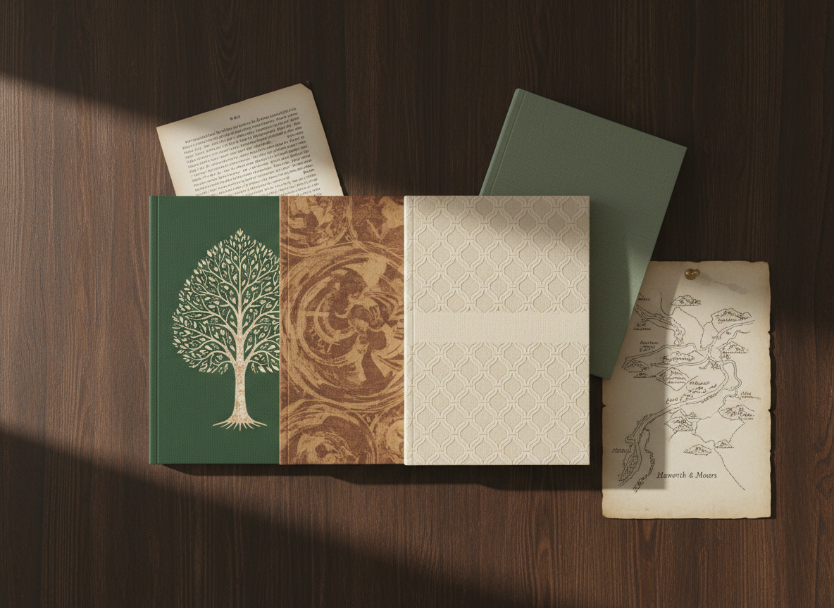A sophisticated flat-lay composition of an independent publisher’s seasonal catalogue: several beautifully designed book covers arranged on a dark wood table, interspersed with unbranded linen-covered notebooks and a single, folded typeset page. The covers feature restrained, literary designs in a palette of deep greens, browns, and soft neutrals, with no legible text. A subtle map-like sketch of Haworth and the surrounding moors appears on a parchment sheet at the edge of the frame. Gentle morning light from the side creates soft gradients and refined shadows. Photographic realism, meticulously arranged with a balanced, editorial composition that communicates quiet confidence and heritage-rich sophistication.